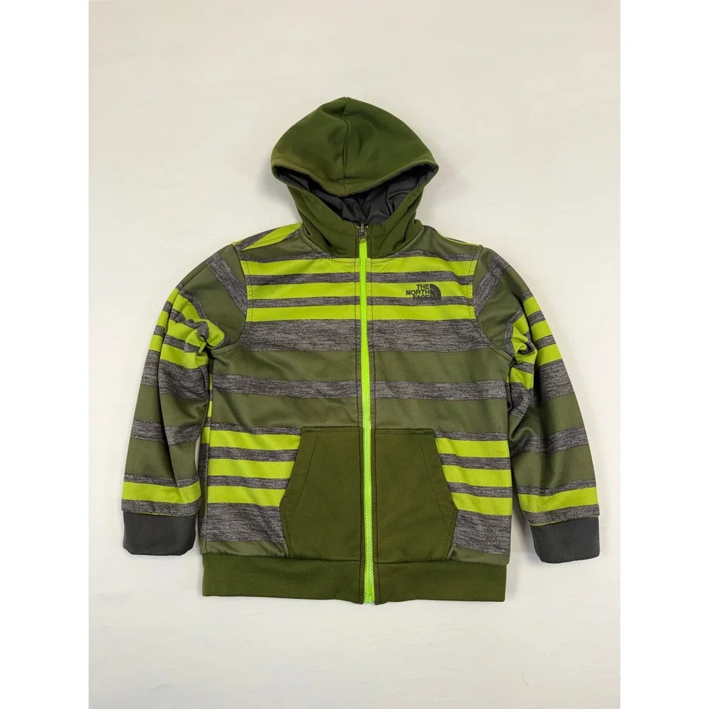 The North Face Boys Reversible Hooded Zip Up Jacket Green Gray Stripe Size‎ XS